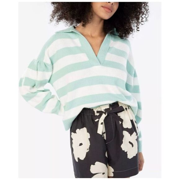 Tanya Taylor Striped V Neck Collar Maisie Knit Sweater Blue/White Cotton Size M - Picture 14 of 15